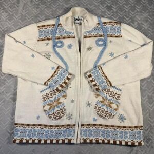 Vintage Ambra Women's Christmas Sweater Cream Blue Mittens Size Large Full Zip